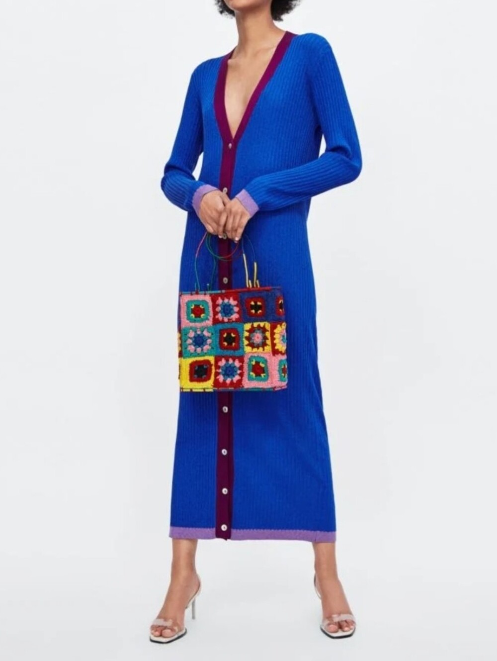 Zara Blue Plum Long Metallic thread cardigan Dress With Buttons  Size Small